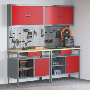 vidaXL Werkbankset met lade 8 pcs Rood en Grijs Gepoedercoat staal