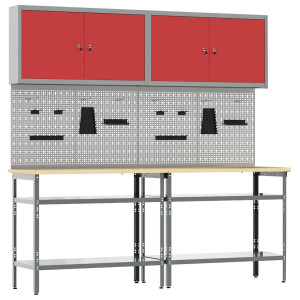 vidaXL Werkbankset met plank 8 pcs Rood en Grijs Gepoedercoat staal
