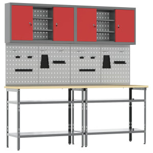 vidaXL Werkbankset met plank 8 pcs Rood en Grijs Gepoedercoat staal