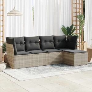 vidaXL 5-delige Loungeset met kussens poly rattan lichtgrijs