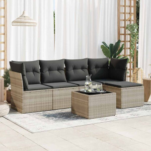 vidaXL 6-delige Loungeset met kussens poly rattan lichtgrijs