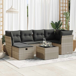 vidaXL 7-delige Loungeset met kussens poly rattan lichtgrijs