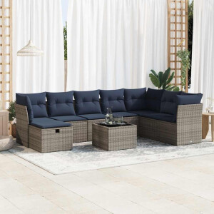 vidaXL 9-delige Loungeset met kussens poly rattan grijs