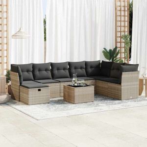 vidaXL 9-delige Loungeset met kussens poly rattan lichtgrijs