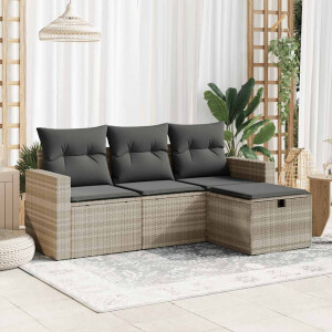 vidaXL 4-delige Loungeset met kussens poly rattan lichtgrijs