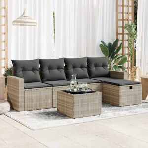 vidaXL 6-delige Loungeset met kussens poly rattan lichtgrijs