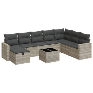 vidaXL 9-delige Loungeset met kussens poly rattan lichtgrijs