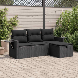 vidaXL 4-delige Loungeset met kussens poly rattan zwart