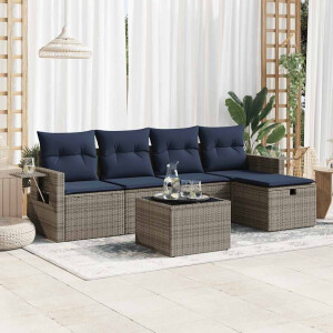 vidaXL 6-delige Loungeset met kussens poly rattan grijs