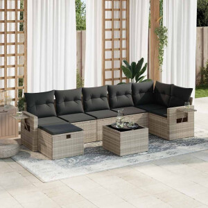 vidaXL 8-delige Loungeset met kussens poly rattan lichtgrijs