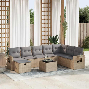 vidaXL 9-delige Loungeset met kussens poly rattan beige