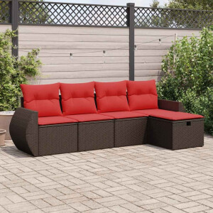 vidaXL 5-delige Loungeset met kussens poly rattan bruin