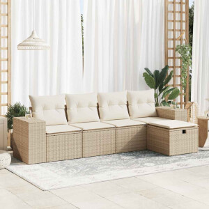 vidaXL 5-delige Loungeset met kussens poly rattan beige