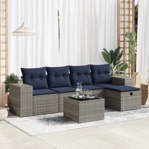 vidaXL 6-delige Loungeset met kussens poly rattan grijs