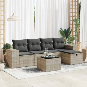 vidaXL 6-delige Loungeset met kussens poly rattan lichtgrijs