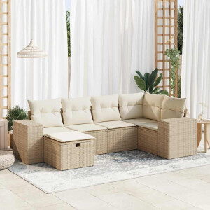 vidaXL 6-delige Loungeset met kussens poly rattan beige
