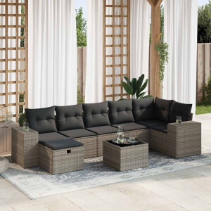 vidaXL 8-delige Loungeset met kussens poly rattan grijs