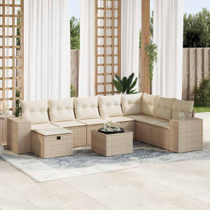 vidaXL 9-delige Loungeset met kussens poly rattan beige