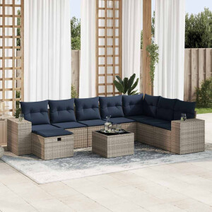 vidaXL 9-delige Loungeset met kussens poly rattan grijs