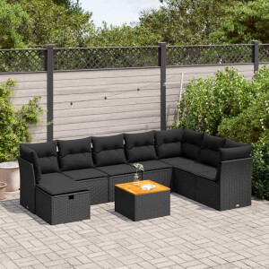 vidaXL 9-delige Loungeset met kussens poly rattan zwart