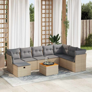 vidaXL 9-delige Loungeset met kussens poly rattan beige