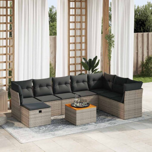 vidaXL 9-delige Loungeset met kussens poly rattan grijs