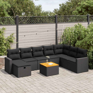 vidaXL 9-delige Loungeset met kussens poly rattan zwart
