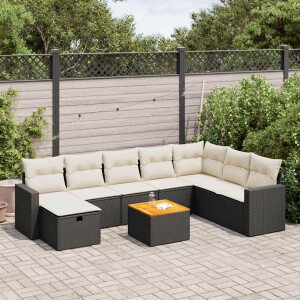 vidaXL 9-delige Loungeset met kussens poly rattan zwart