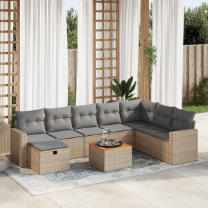 vidaXL 9-delige Loungeset met kussens poly rattan beige
