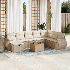 vidaXL 9-delige Loungeset met kussens poly rattan beige