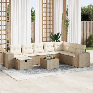 vidaXL 9-delige Loungeset met kussens poly rattan beige
