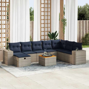 vidaXL 9-delige Loungeset met kussens poly rattan grijs