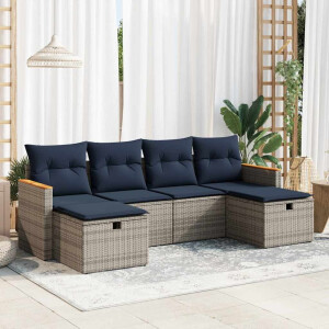 vidaXL 6-delige Loungeset met kussens poly rattan grijs
