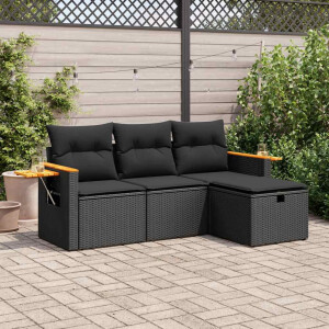 vidaXL 4-delige Loungeset met kussens poly rattan zwart