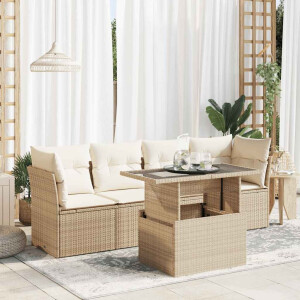 vidaXL 5-delige Loungeset met kussens poly rattan beige