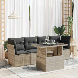 vidaXL 5-delige Loungeset met kussens poly rattan lichtgrijs
