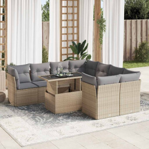 vidaXL 9-delige Loungeset met kussens poly rattan beige