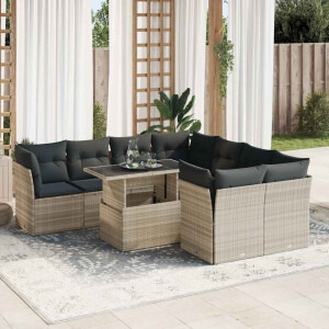vidaXL 9-delige Loungeset met kussens poly rattan lichtgrijs