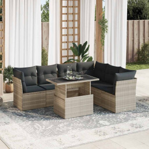 vidaXL 7-delige Loungeset met kussens poly rattan lichtgrijs