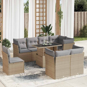 vidaXL 9-delige Loungeset met kussens poly rattan beige