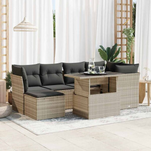 vidaXL 7-delige Loungeset met kussens poly rattan lichtgrijs