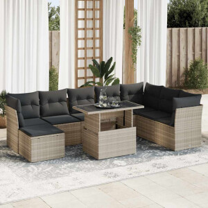 vidaXL 9-delige Loungeset met kussens poly rattan lichtgrijs