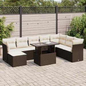 vidaXL 9-delige Loungeset met kussens poly rattan bruin