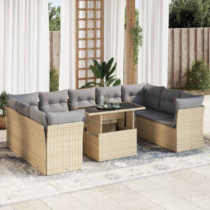 vidaXL 10-delige Loungeset met kussens poly rattan beige