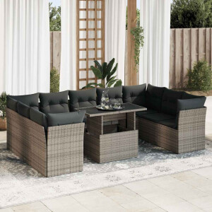 vidaXL 10-delige Loungeset met kussens poly rattan grijs