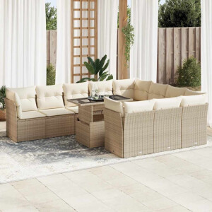 vidaXL 11-delige Tuinset met kussens poly rattan beige