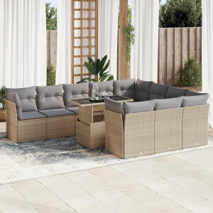 vidaXL 11-delige Tuinset met kussens poly rattan beige