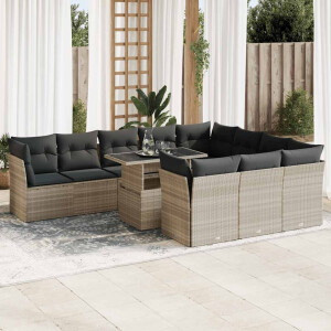 vidaXL 11-delige Loungeset met kussens poly rattan lichtgrijs