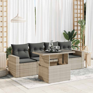 vidaXL 5-delige Loungeset met kussens poly rattan lichtgrijs