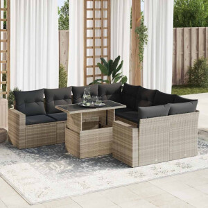 vidaXL 9-delige Loungeset met kussens poly rattan lichtgrijs